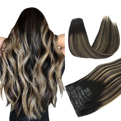 Picture of DOORES Hair Extensions Clip ins, Natural Black to Light Blonde 7pcs 14 Inch 130g, Seamless Clip in Hair Extensions Remy Hair Thick Hair Straight Hair Extensions Invisi Edge Hair Extensions