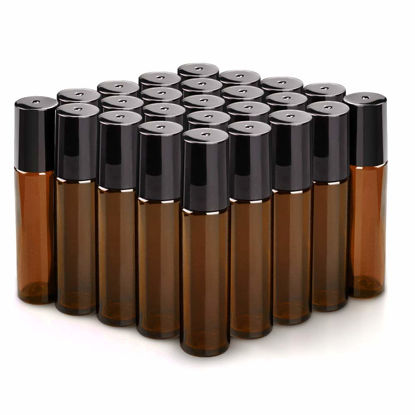 Picture of sungwoo 25 Pack Essential Oil Roller Bottles, 10ml Amber Glass Roller Bottles with Stainless Steel Roller Balls and Caps for Travel, Perfume and Lip Gloss