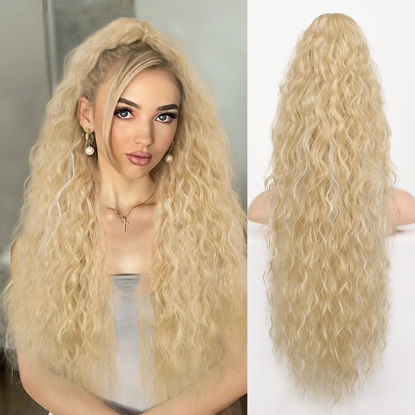 Picture of ORSUNCER Ponytail Extension Claw 30" Curly Pony Tail Clip in Claw Hair Extensions Fluffy Natural Looking Synthetic Hairpiece for Women Blonde Highlight