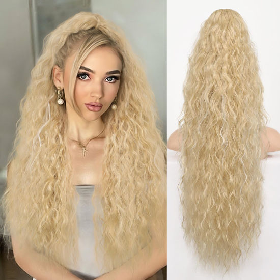 Picture of ORSUNCER Ponytail Extension Claw 30" Curly Pony Tail Clip in Claw Hair Extensions Fluffy Natural Looking Synthetic Hairpiece for Women Blonde Highlight