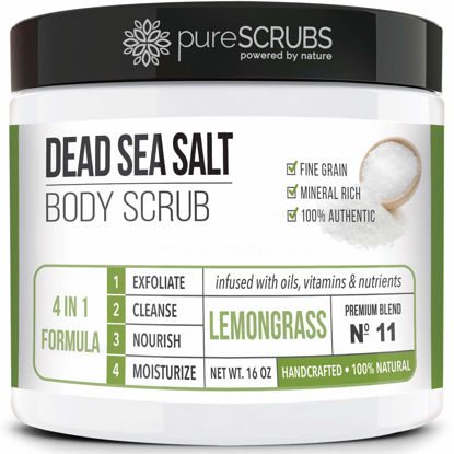 Picture of pureSCRUBS Premium Lemongrass Dead Sea Salt Body Exfoliator Scrub, Full Exfoliating Body Scrubber - Large 16oz Jar, Filled With Essential Oils, Includes Spoon, Loofah & Exfoliating Skin Soap