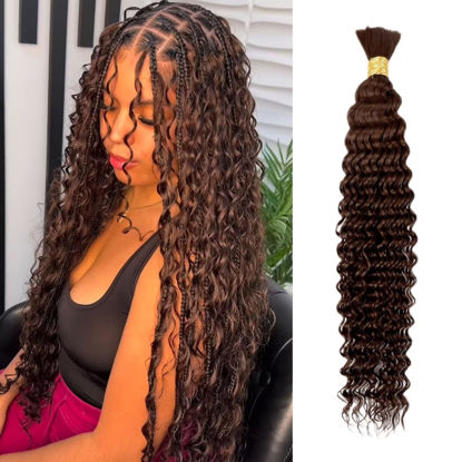 Picture of 1 Bundle 50g 18 Inch Chocolate Brown Braiding Hair Deep Water Wave Bulk Human Hair for Braiding Brazilian Virgin Curly Human Hair Extensions for Boho Braids Wet and Wavy Color 4 Human Braiding Hair