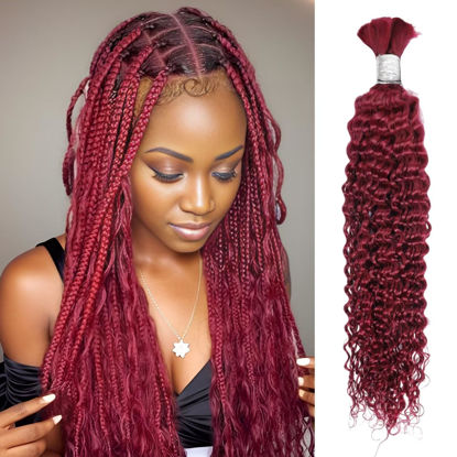 Picture of Human Braiding Hair 1 Bundle 50g 24 Inch Deep Water Wave Bulk Human Hair for Braiding No Weft 12A Brazilian Virgin Curly Human Hair Extensions for Boho Braids Wet and Wavy Red Burgundy Braiding Hair