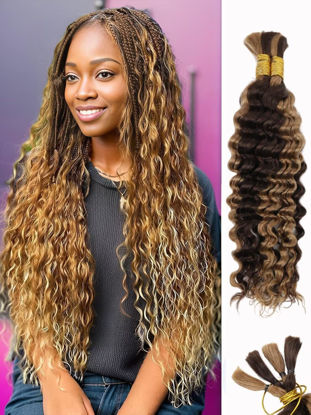 Picture of Ombre Braiding Hair 100g 24 Inch P4/27 Human Braiding Hair Deep Wave Honey Blonde Braiding Hair Highlight Water Wave Bulk Human Hair 100% 12A Brazilian Ombre Brown Human Bariding Hair for Boho Braids