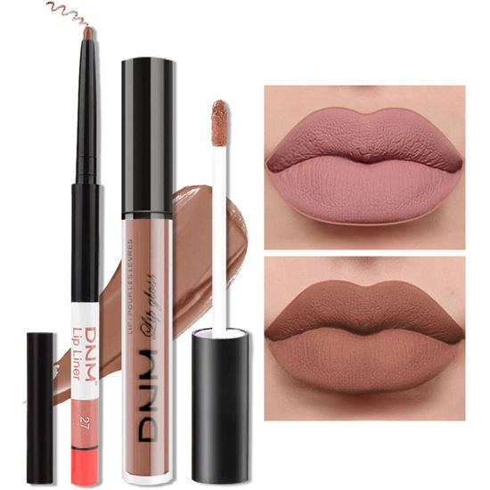 Picture of evpct 2Pcs Nude Brown Lip Liner and Matte Lipstick Makeup Sets, DNM Vegan Lipstick Lip Liner and Gloss Stain Set Long Lasting Waterproof labiales mate 24 horas originales matte larga duracion 24 27#