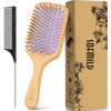 Picture of Bamboo Wooden Paddle Hair Brush-Bamboo Wood Bristles Detangling Hairbrush for Women Men Massaging Scalp Hair Growth
