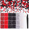Picture of 9000PCS Flatback Pearls and Rhinestones for Crafting, Red White Black Mixed Size 3-10mm Resin Rhinestones and Half Pearls for Bedazzling, Nail Art and Decoration with Tweezer and Pickup Pencil