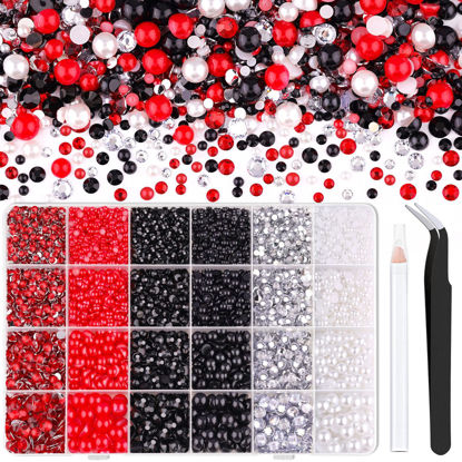 Picture of 9000PCS Flatback Pearls and Rhinestones for Crafting, Red White Black Mixed Size 3-10mm Resin Rhinestones and Half Pearls for Bedazzling, Nail Art and Decoration with Tweezer and Pickup Pencil