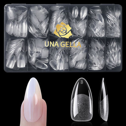 Picture of UNA GELLA Almond Gel Nail Tips 600 Pcs Pre-filed Almond Nail Tips Full Cover Nail Tips Press On Nails 12 Sizes Half Matte Clear Fake Soft Gel Nail Tips for Nail Extension Home DIY Salon with Box