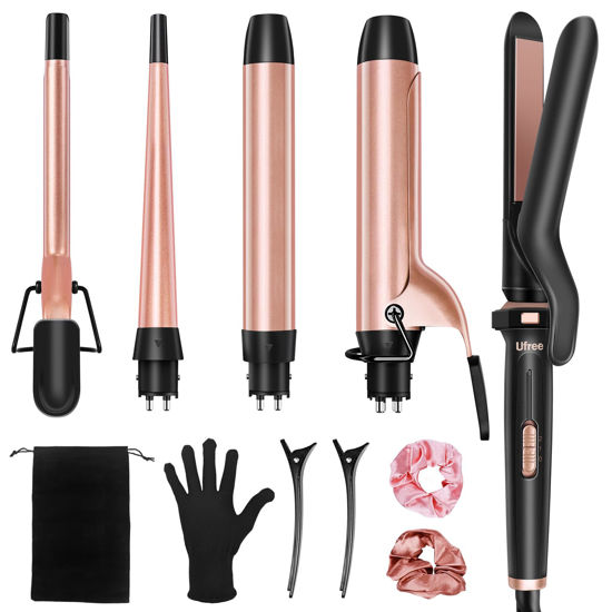 Picture of Ufree 5 in 1 Curling Iron with Interchangeable Ceramic Barrels (0.35"-1.25"), Curling Wand Set with Flat Iron Hair Straightener, Professional Instant Heat Up, Dual Voltage Hair Curler, Women Gifts