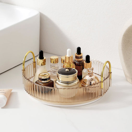Picture of 360 Rotating Makeup Organizer for Vanity, Large Skincare Perfume Organizers, Bathroom Counter Make Up Organizers and Storage, Clear Cosmetics Lipstick Spinning Organizer(1 Tier，Gold)