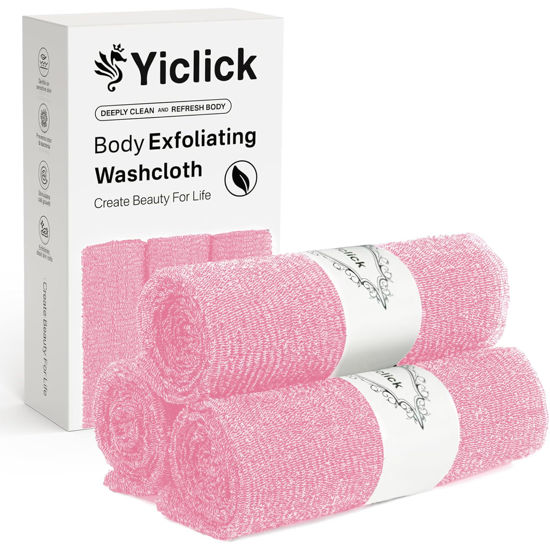Picture of Yiclick Exfoliating Washcloth Towel [3 Pack], Japanese Exfoliating Bath Wash Cloth for Body Exfoliation, Korean Back Scrubber Washer for Shower, African Net Sponge Brush Loofah Exfoliator (Pink)
