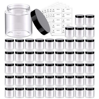 Picture of 50 Pack 4 OZ Plastic Jars Round Clear Cosmetic Container with Black Lids, Eternal Moment Slime Jars for Lotion, Cream, Ointments, Makeup, Eye shadow, Rhinestone, Samples, Pot, Travel Storage