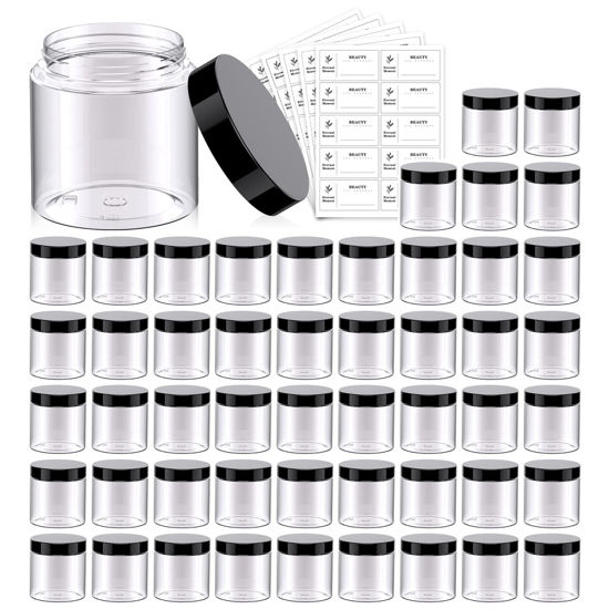 Picture of 50 Pack 4 OZ Plastic Jars Round Clear Cosmetic Container with Black Lids, Eternal Moment Slime Jars for Lotion, Cream, Ointments, Makeup, Eye shadow, Rhinestone, Samples, Pot, Travel Storage