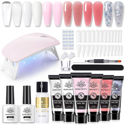 Picture of BORN PRETTY Poly Nail Extension Gel Kit-6 Colors Poly Nails Gel Kit Nude Clear Jelly Pink All In One Kit Builder Glue Gel with Nail Lamp Base Top Coat Set Nail Forms French Manicure Set for Beginner Starter DIY at Home Mother's Day Gifts