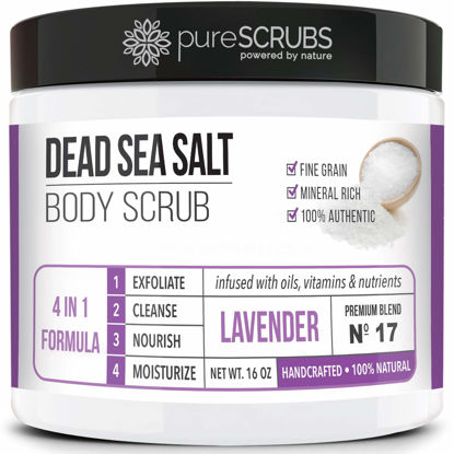 Picture of pureSCRUBS Premium Lavender Body Scrub Set - Large 16oz Dead Sea Salt Body Scrub With Infused Essential Oils & Nutrients, Includes Wooden Spoon, Loofah & Oatmeal Exfoliating Bar Soap