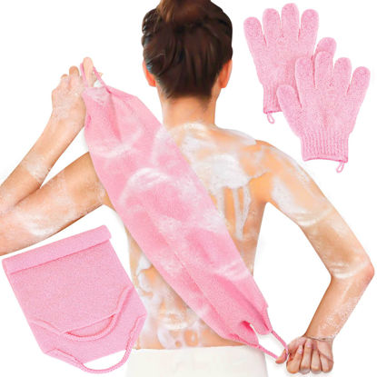 Picture of Anezus Exfoliating Shower Bath Gloves Back Scrubber Set for Body, Face, Shower, Bath, Scrub and Exfoliator (Pink)