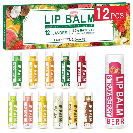 Picture of DMSKY 12 Pack Lip Balm, Natural Lip Balm Bulk with Vitamin E and Coconut Oil, Moisturizing Lip Balm for Dry Cracked Lips, Lip Balm for Stocking Stuffers - 12 Flavors