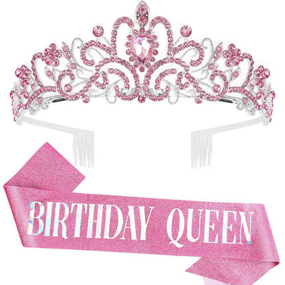 Picture of "Birthday Queen" Sash & Crystal Tiara Kit COCIDE Birthday Silver Tiara and Crowns for Women Sash for Girls Pink Birthday Decorations Set Rhinestone Headband Hair Accessories Glitter Sash for Party