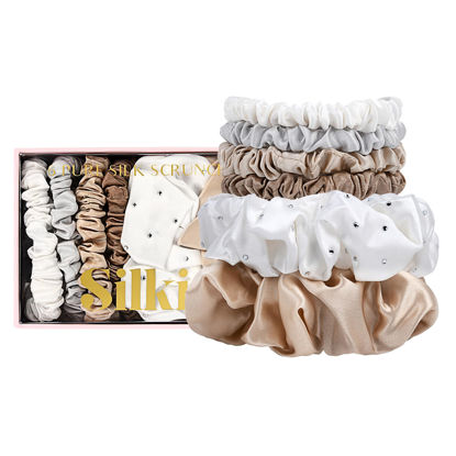 Picture of SILKIE x6 Set 100% Pure Mulberry Silk Christmas Special Light Neutral Skinny Scrunchies Travel Pouch Everyday Hair Ties Elastics Hair Care Ponytail Holder No Damage (Frost)