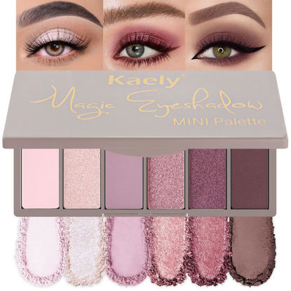 Picture of Kaely 6 Colors Mini Eyeshadow Makeup Palette, Mauve Eyeshadow Light Nude Pink Champagne Rose Orchid Wine Red Dark Plum Glitter Shimmer Cute Korean Eyeshadow Palette Built in Mirror Travel Size 04