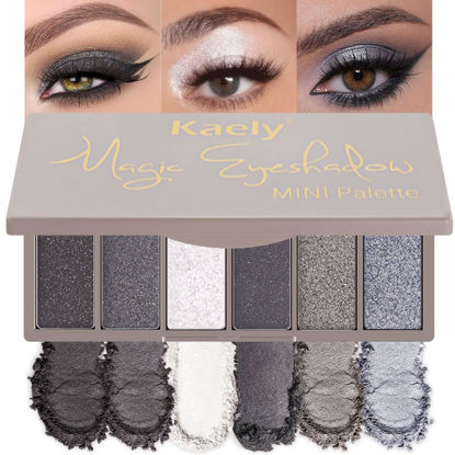 Picture of Kaely 6 Colors Mini Eyeshadow Makeup Palette for Women Smoky Eyes, Black Smoky Gray Grey White Silver Taupe Glitter Shimmer Eye Shadow Palette Long Lasting Pigmented Built in Mirror Travel Size 02
