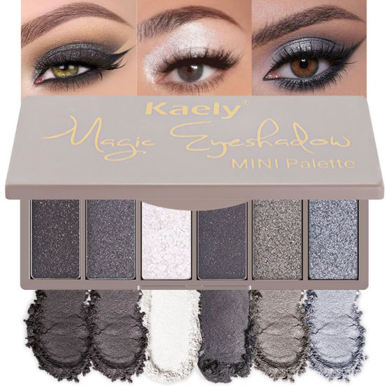 Picture of Kaely 6 Colors Mini Eyeshadow Makeup Palette for Women Smoky Eyes, Black Smoky Gray Grey White Silver Taupe Glitter Shimmer Eye Shadow Palette Long Lasting Pigmented Built in Mirror Travel Size 02