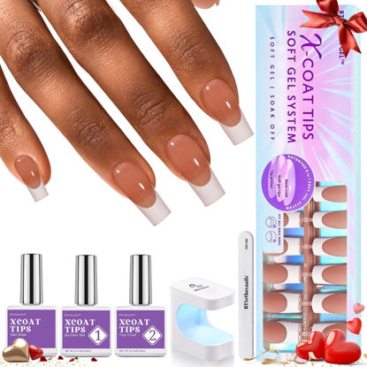 Picture of BTArtboxnails XCOATTIPS French Tip Nail Kit - Long Square Brown French Nail Tips with Nail Gel, French Protecing Duo, Nail Lamp, Gel Nail Extension Kit Valentines Day Gift