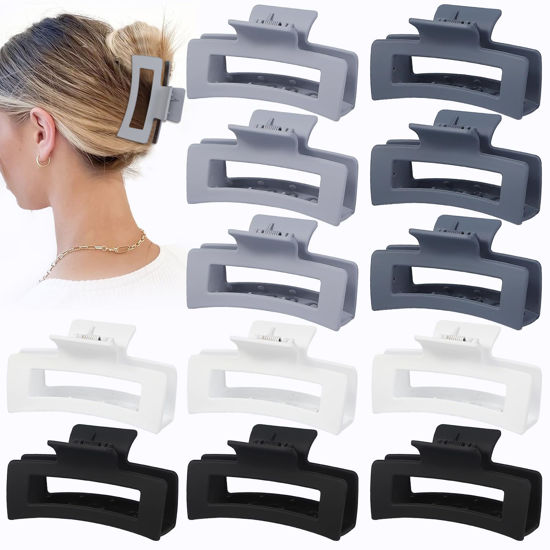 Picture of Sisiaipu Hair Clip, 3.5 Inch Medium Hair Claw Clips 12 Pcs Square Claw Clips for Thick and Thin Hair - Grey Rectangular Rectangle Jaw Clips for Women and Girls