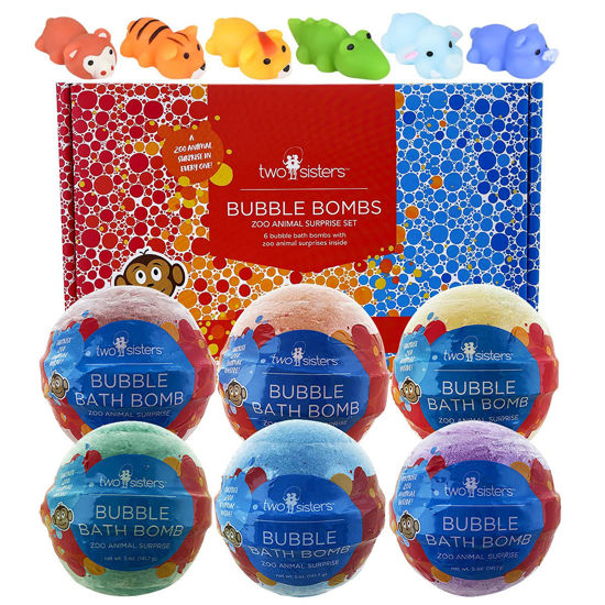 Picture of Zoo Animal Bath Bombs for Kids with Surprise Toy Inside, 6 Bubble Bath Bombs with Bath Toys, Gentle and Kids Safe, USA Made, Birthday Gift for Kids by Two Sisters