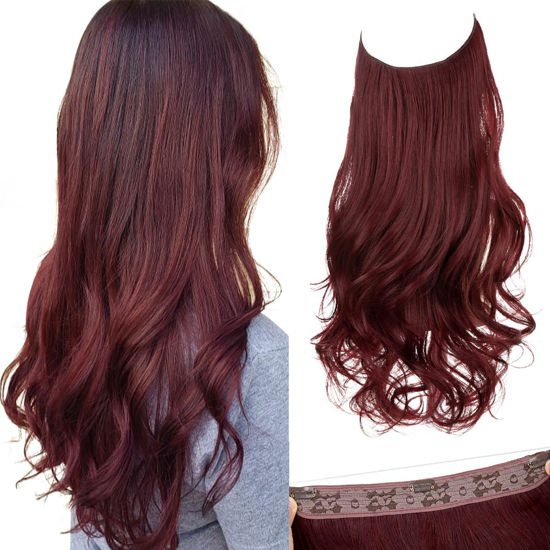 Picture of SARLA Burgundy Invisible Wire Hair Extensions with 3 Clips Synthetic Wavy Curly Hairpiece Adjustable Transparent Headband for Women 16 Inch Wine Red
