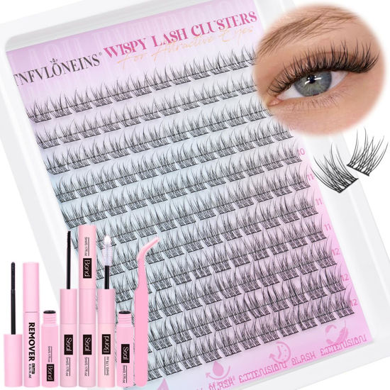 Picture of Wispy Lash Clusters Kit Natural Lash Extension Kit 9-12MM Cluster Eyelash Extensions Kit DIY Eyelash Extension Kit C Curl Individual Lashes Clusters Eyelash Extension with Lash Remover by TNFVLONEINS