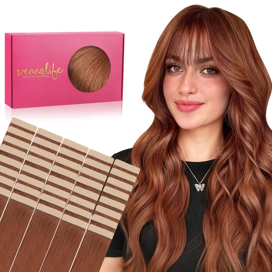 Picture of WENNALIFE Tape in Hair Extensions Human Hair, 40pcs 60g 10 inch Dark Auburn Copper Hair Extensions Real Human Hair Straight Tape in Extensions Invisible Human Hair Extensions Reusable Real Hair Extens