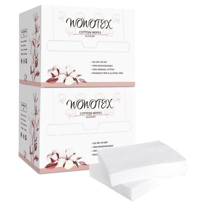 Picture of WOWOTEX 100% Cotton Disposable Face Towel Biodegradable Face Towel for Drying Face 100Count/2Box Extra Thick Soft One Time Use Face Towels 10"×12" Large Clean Towels for Sensitive Skin, Baby Care