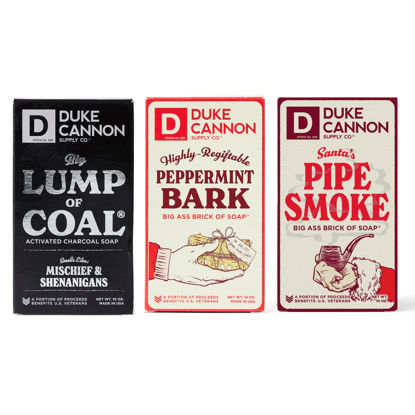 Picture of Duke Cannon Supply Co. Big Brick of Soap Bar For Men | Big Lump of Coal, Santa's Pipe Smoke, Highly Regiftable Peppermint Bark | Holiday Variety 3 Pack | Unique Christmas Gifts | 10 oz Bar Soaps