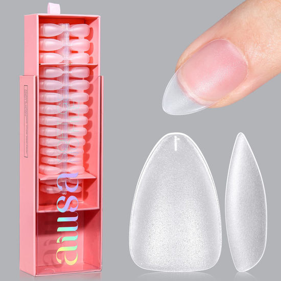 Picture of AILLSA Short Almond Nail Tips 450PCS Upgraded Matte Soft Gel Nail Tips No Filed Pre-shaped Full Cover Short Almond Nails Clear False Gelly Nail Tips for Soak Off Nail Extensions 15 Sizes