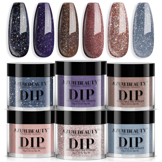 Picture of AZUREBEAUTY Dip Powder Nail Set 6 Colors Dark Light Blue Purple Brown Wine Red Shimmery Sparkle Shiny Fall Winter Dipping Powder Starter Kit French Nail Art Manicure Salon No Need Nail Lamp Cured