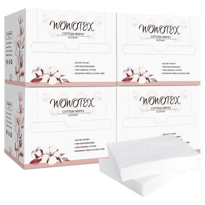 Picture of WOWOTEX 100% Cotton Disposable Face Towel Biodegradable Face Towel for Drying Face 200Count/4Box Extra Thick Soft One Time Use Face Towels 10"×12" Large Clean Towels for Sensitive Skin, Baby Care