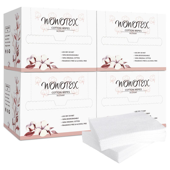 Picture of WOWOTEX 100% Cotton Disposable Face Towel Biodegradable Face Towel for Drying Face 200Count/4Box Extra Thick Soft One Time Use Face Towels 10"×12" Large Clean Towels for Sensitive Skin, Baby Care
