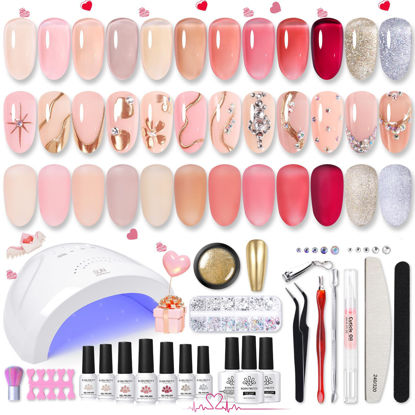 Picture of Born Pretty 28Pcs Jelly Gel Nail Polish Kit With U V Light 48W Nail Lamp 12 Colors Jelly Pink Nude Neutral Gel Polish Set with Base/Top Coat Gel Manicure All-In-One Nail Gel Kit Ideal Gifts