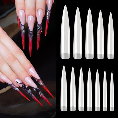 Picture of Ranrose 120PCS XXXL Half Cover Stiletto Nail Tips Natural Extra Long Straight Nail Tips Acrylic Fake Nail Sharp False Press on Nails with Bag