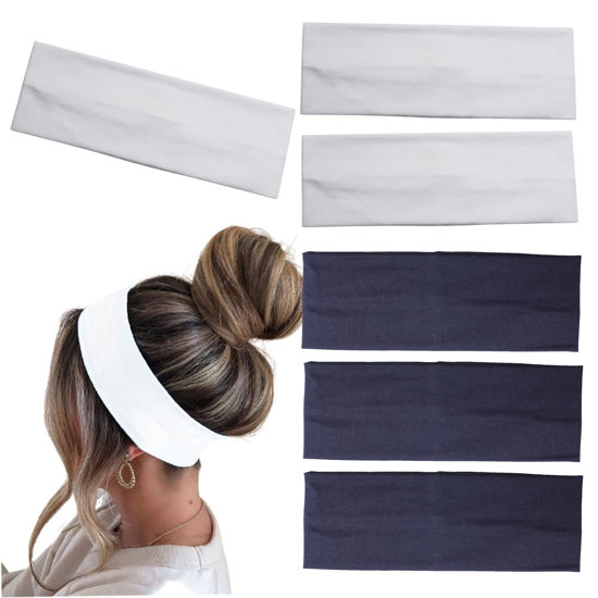 Picture of MLMOMVME 6 Pcs Headbands for Women Hair Cotton Headband Non-slip Stretchy Elastic Head Wrap Holder Hair Accessories White Navy Blue Color