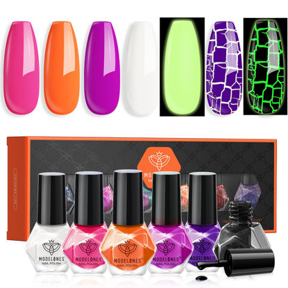 Picture of modelones Nail Polish Set 6 Colors with Spooky Stickers, Crackle Black Purple Orange Hot Pink Glow in the Dark White Quick Dry Nail Lacquer Kit, DIY Home Salon Nail Art Gift for Women Girls