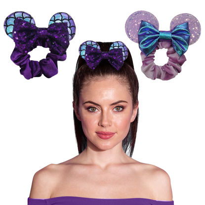 Picture of Styla Hair 2pk Mouse Ear Scrunchies for Kids Velvet Hair Bow Scrunchies for Women - Sparkle Sequins Mouse Hair Bands for Pony Tail Minnie Ears (Purple Mermaid)