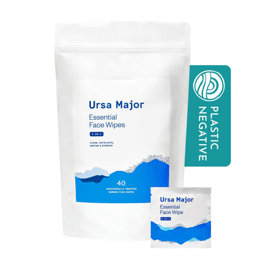 Picture of Ursa Major Essential Face Wipes | Natural, Biodegradable, Cruelty-Free | Cleanse, Exfoliate, Soothe and Hydrate | Individually Wrapped | 40 count
