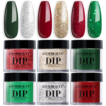 Picture of AZUREBEAUTY Dip Powder Nail Set, 6 Colors Glitter Red Green Silver Gold Nail Dipping Powder Starter Kit French Nail Art Sparkle Stunning Manicure Salon DIY No Need Nail Lamp Cured