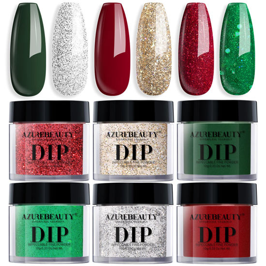 Picture of AZUREBEAUTY Dip Powder Nail Set, 6 Colors Glitter Red Green Silver Gold Nail Dipping Powder Starter Kit French Nail Art Sparkle Stunning Manicure Salon DIY No Need Nail Lamp Cured