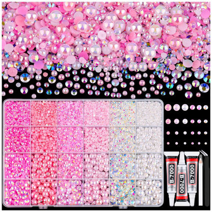 Picture of 9000PCS Flatback Pearls and Rhinestones for Crafting, Pink White 3-10mm Resin Rhinestones and Half Pearls for Bedazzling, Nail Art and Dec with 3pcs B7000 Jewelry Glue, Tweezer and Pickup Pencil