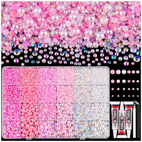 Picture of 9000PCS Flatback Pearls and Rhinestones for Crafting, Pink White 3-10mm Resin Rhinestones and Half Pearls for Bedazzling, Nail Art and Dec with 3pcs B7000 Jewelry Glue, Tweezer and Pickup Pencil