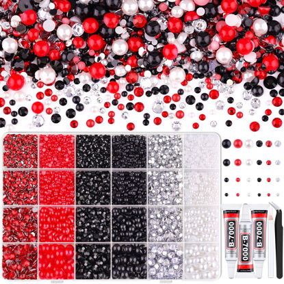 Picture of 9000PCS Flatback Pearls and Rhinestones for Crafting, Red White Black 3-10mm Resin Rhinestones and Half Pearls for Bedazzling, Nail Art and Dec with 3pcs B7000 Jewelry Glue, Tweezer and Pickup Pencil